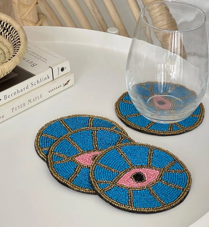 Blue Evil Eye Beaded Coasters, Set of 4