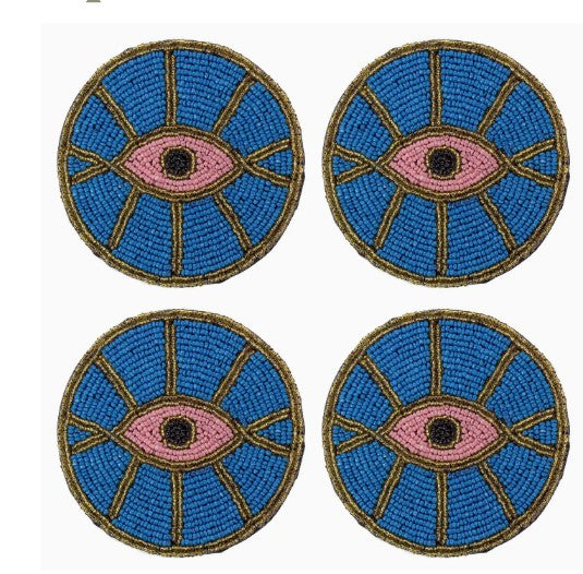 Blue Evil Eye Beaded Coasters, Set of 4