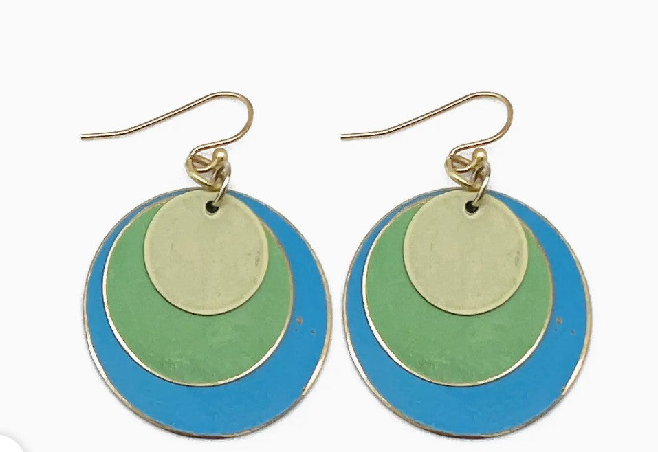 Brass Patina Earrings - Blue and Green Round Layers