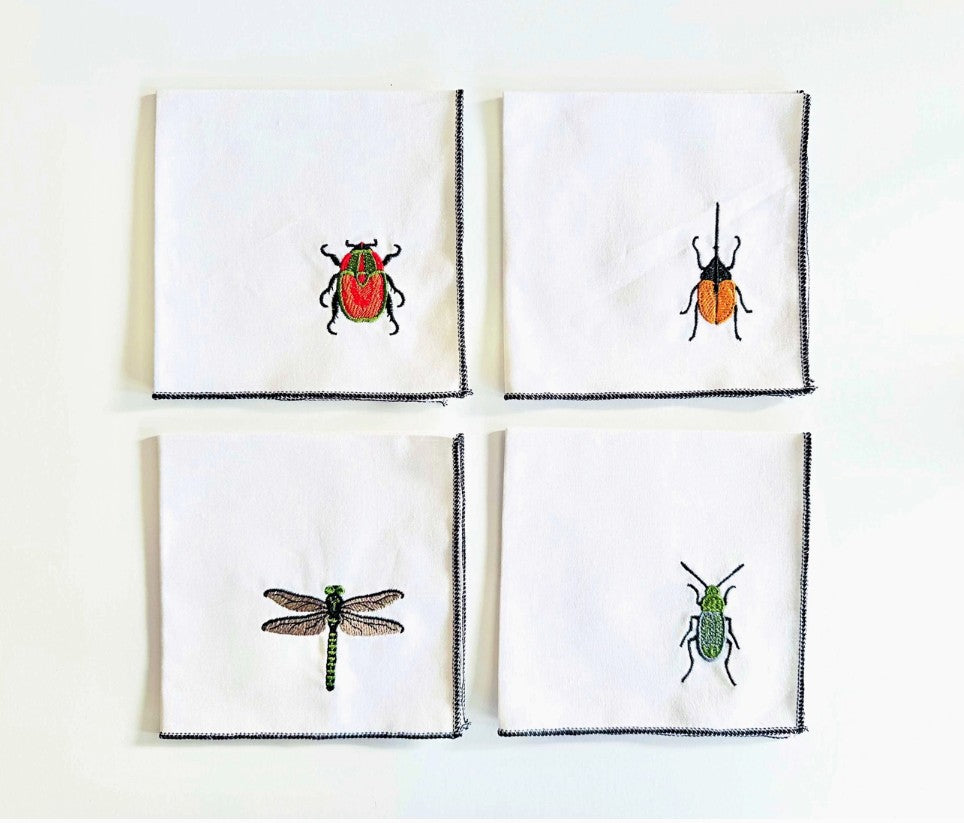 Insect Embroidery Linen Cloth Napkins, set of four: 10inch cocktail