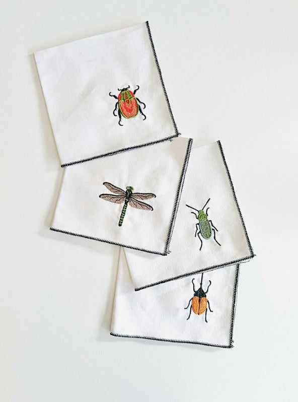 Insect Embroidery Linen Cloth Napkins, set of four: 10inch cocktail