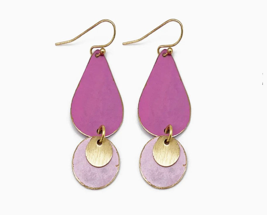 Brass Patina Earrings - Pink and Lilac Two Tiered Dangle