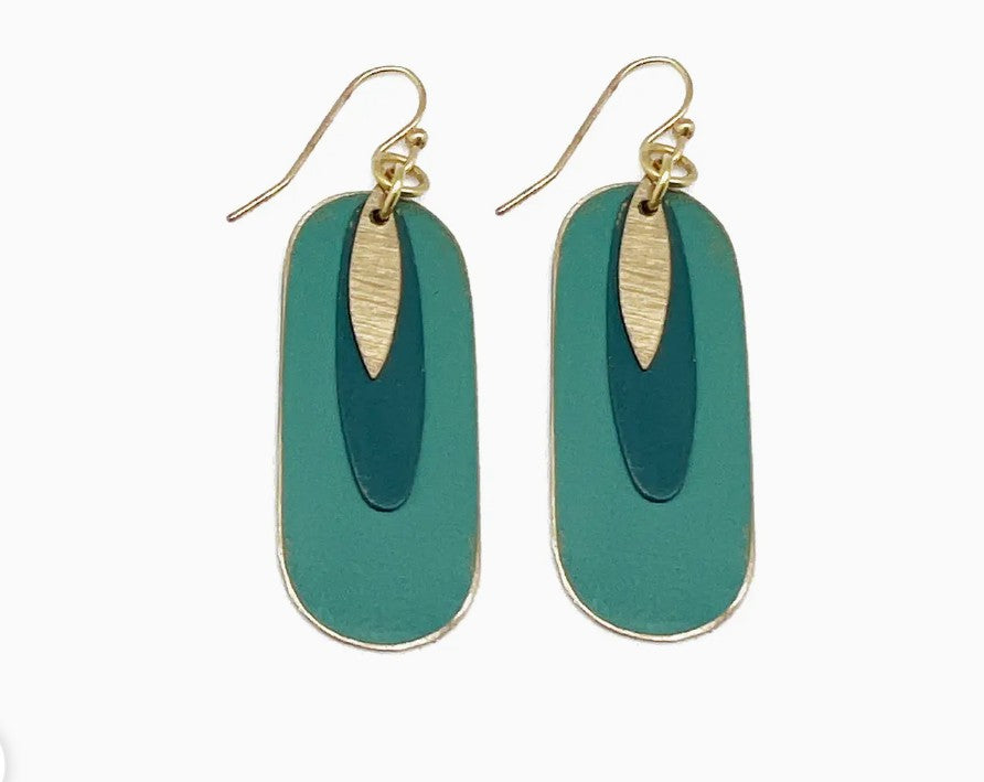 Brass Patina Earrings - Teal Abstract Layers