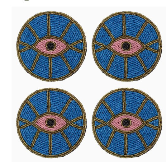 Blue Evil Eye Beaded Coasters, Set of 4